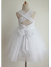 White Lace Tulle Cross Back Flower Girl Dress